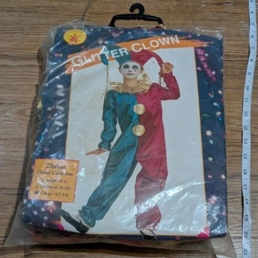 Glitter Clown Deluxe Child Costume Jester‎ Jumpsuit Teal Magenta Large 12-14